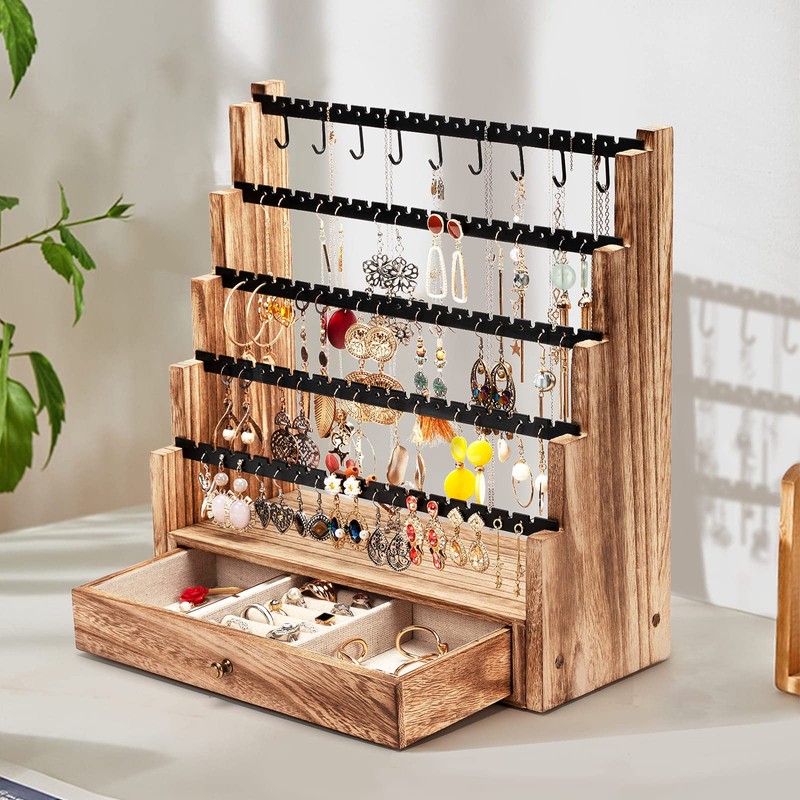 Pinzoveco Earring Organizer, 5 Layer Earring Holder Organizer with Necklace