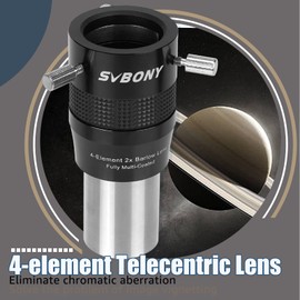 Svbony SV216 Barlow Lens 2X, 1.25 Inch Metal Barlow 4 Elements Apochromatic FMC Telescopic Lens for Planetary Photography and Observation