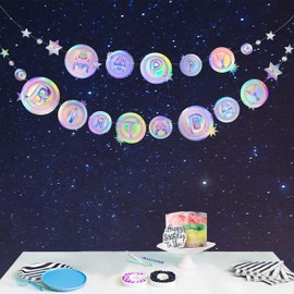Cheerland HAPPY BIRTHDAY Banner Twinkle Star Decorations Solar Birthday Background Moon BDay Décor Sweet 16 Birthday Party Backdrop (Holographic)