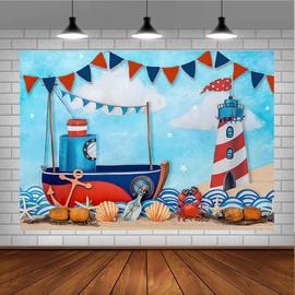 Blue Wooden Nautical Backdrop Summer Nautical Holiday Photography Backdrops Seashells Sailing Ship Wheel Helm Lighthouse Starfish Summer Party Photography Background Baby Shower Background(7X5FT)