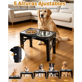 Comedero Elevado para Perro, Plato Elevado para Perro, Ajustable a 5 Alturas, Incluye 1 Recipiente para Cocción Lenta y 2 Recipientes de Acero Inoxidable, para Mascotas Pequeñas y Medianas