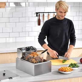 Commercial Deep Fryer with Baskets, 1700W 9.7QT/9.1L Thickened Stainless Steel Countertop Electric Oil Fryer, Large Capacity with Temperature Control (6L)