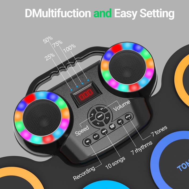 ROCKSOCKI Electronic Drum Set 9Pads with LED Lights, Bluetooth Portable
