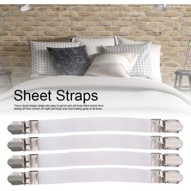 4 soportes elásticos ajustables para sábanas, correas entrecruzadas para sábanas de colchón, clips de doble cabeza, sujetadores, tirantes, sábanas ajustables, jabalí de planchado (blanco)
