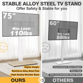 TV Floor Stand for 32-75 Inch Plasma LCD LED OLED Flat Panel or Curved Screen TVs, Swivel TV Stand Mount with Height Adjustment and Sturdy Wood Base, White