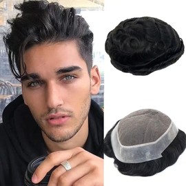 Toupee for Men PU Around+Lace Base Real European Human Hair Pieces for Mens Hair Prosthesis Patch Units Hair Replacement System for Men (6x9")