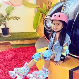 Girls Rainbow Unicorn Roller Skates for Little Kids Toddler Ages 3-5 3 4 5, 4 Size Adjustable Quad Skates with All Light Up Wheels - Best Birthday Gift for Outdoor Sports - Teal