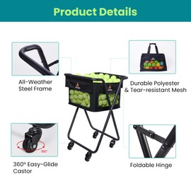 TurboStride Tennis & Pickleball Cart - 140 Ball Capacity Hopper with Quick-Detach Bag, 4 Smooth Swivel Wheels & Foldable Frame for Easy Court Transport and Compact Storage