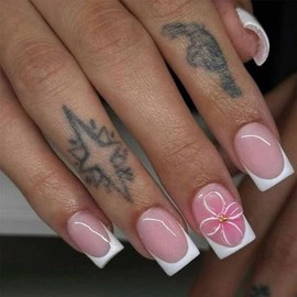 Foccna French White Press on Nails Medium Pink Fake Nails Square Glossy 3D Flower Design False Nail Tips Artificial Nails Finger Manicure for Women and Girls,24pcs