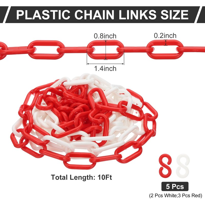 PATIKIL Plastic Chain Links, 10 Feet Safety Chains, Red/White Plastic
