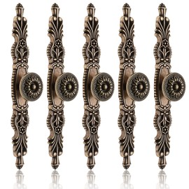 Bonsicoky 5Pcs Vintage Antique Floral Cabinet Handles, 3.8" Holes Space Bronze Dresser Handles for Dresser Drawers Cupboard, 6.3" Length