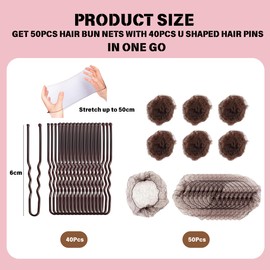 50PCS Hair Bun Nets with 40pcs U Shaped Hair Pins, Brown Invisible Bun Nets, Elastic Edge Mesh Ballet Bun Kit Hair Bun Maker for Women & Child Ballet, Stewardess, Nurse