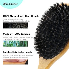 Combetter Combetter 100% Boar Bristle Hair Brush, Eco-Friendly Hairbrush for Women Men & Kids, Hair Smoothing and Massaging Detangling, Enhance Shine &Health