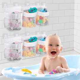 YOUNTHYE 2 Pack Bath Toy Storage Net, 3 Compartment Bath Toy Organiser 60cm Mesh Bathroom Toy Storage Bag, Quick Access & Dry Bath Toy Net with 10 Suction Hooks