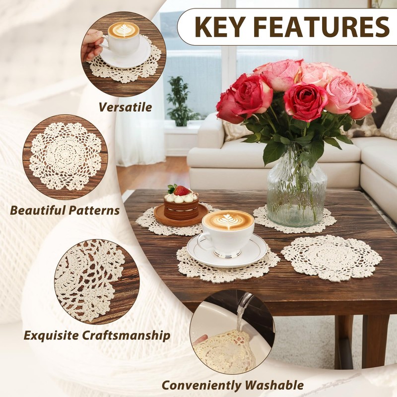 kilofly Crochet Cotton Lace Table Placemats Doilies Value Pack, 4pc,