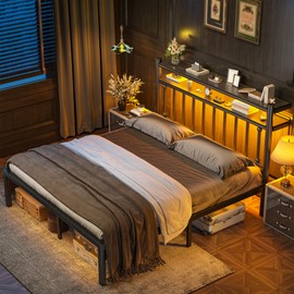 Homkdom Metal Queen Bed Frame with 2-Tier Storage Headboard, Bed Frame Queen Size with LED Light, Victorian Mattress Foundation Under Bed Storage/No Box Spring Needed/Noise-Free/Easy Assembly, Black