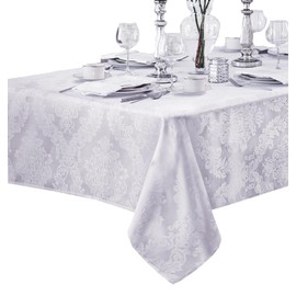Newbridge Barcelona Luxury Damask Fabric Tablecloth, 70” Extra Wide x 168” Rectangle, White, 100% Polyester, No Iron, Soil Resistant Dining Room, Party and Banquet Table Cover