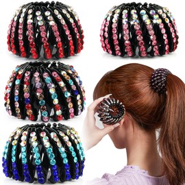 4 Pcs Rhinestone Bird Nest Hair Clips - Expandable Shaped Bun Wrap Hair Tail Holder Accessory for Women Girls (Pink, Red, Colorful, Blue)