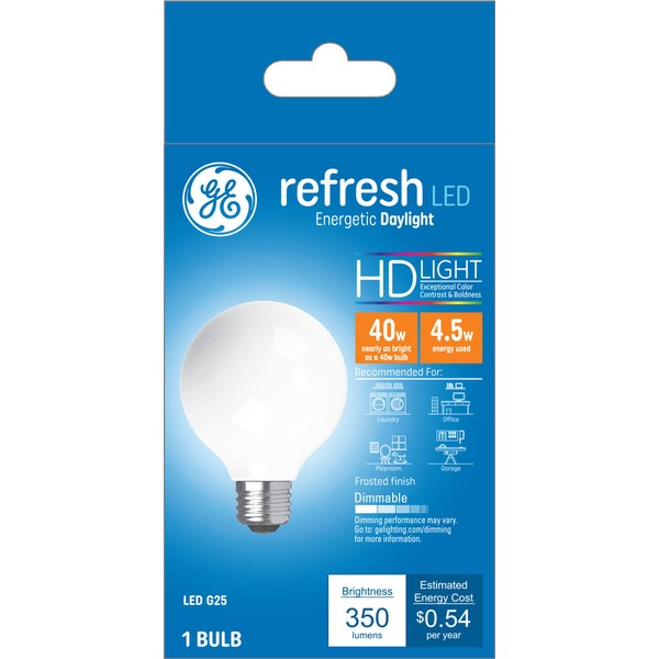 GE Refresh LED Light Bulbs, 40 Watt, Daylight, G25 Globe Bulbs, Frosted, Medium Base (1 Pack)
