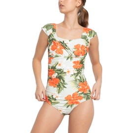 ToBeInStyle Traje de baño de una pieza con hombros anchos y parte delantera para mujer, naranja, jamaica (Hibiscus Orange), XL
