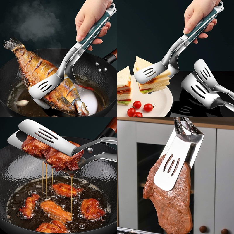 2Pcs Kitchen Cooking Tongs,Grill Clamp Spatula,Multi Functional Grill Clip 2-in-1,304