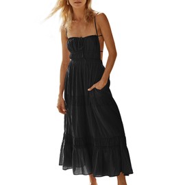Wenrine Womens Summer Beach Dresses Backless Spaghetti Straps Self Tie Tiered Flowy Casual Maxi Dress with Pockets Black
