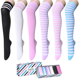 Striped Thigh High Socks - Knee High Socks for Women Teen Girls, Long Socks Over the Knee Socks Striped Socks School Socks 6 Pack