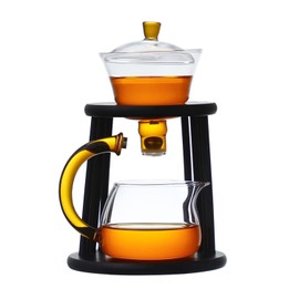 Mozeo Glass Semi-automatic Tea Set Wooden Glass Tea Set Water Diversion Rotating Cover Bowl Lazy Tea Maker Teapot Kungfu Fu teacup (Wooden Yellow Handle Teapot set)