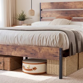 VECELO Full Size Platform Bed Frame with Rustic Wood Headboard and Footboard, Mattress Foundation, Strong Metal Slats Support, No Box Spring Needed