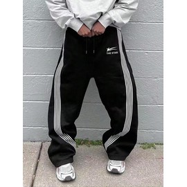 Men's Letter & Stars & Striped Print Drawstring Waist Sweatpants, Regular Fit Casual Street Elastic Waist Pants for Fall & Winter, Men's Trousers for Daily Wear - Color: Orange, Size: M