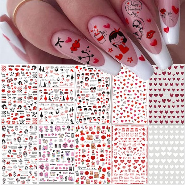 3D Heart Nail Stickers for Valentine's Day, Heart Nail Art Decals Valentine's Love English Letter Rose Flower Red Lips Romantic Designs for Women Girls DIY Valentines Decorations 10 Sheets