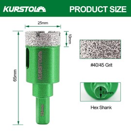 Porcelain Tile Diamond Drill Bits - KURSTOL 2pcs 1"/25mm Dry Granite Hole Saw Kit for Ceramic Marble Stone,Diamond Core Drill Bit Kit Hex Shank Fixed on Drills