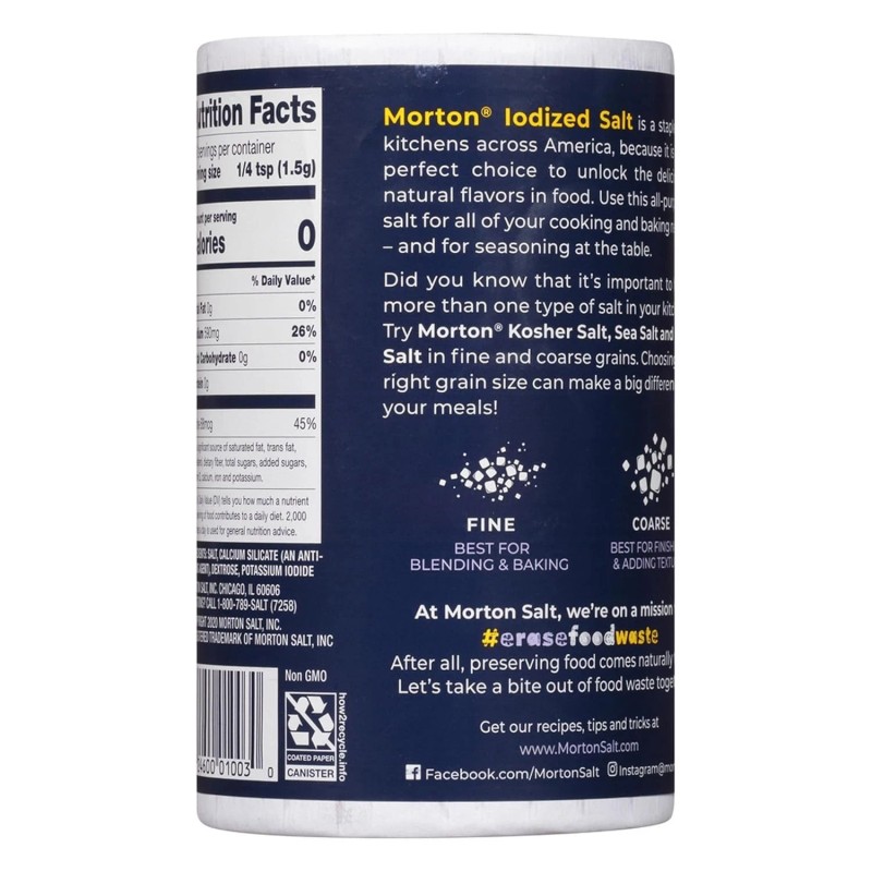 Morton Iodized Salt Round Cans All-Purpose, 26 Ounce (Pack of