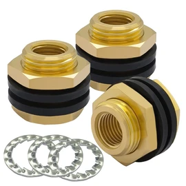 Hooshing 3PCS Bulkhead Fittings 1/8" NPT Female 3/8" Male Straight Thread Solid Brass Water Tank Connector with Sawtooth Rings