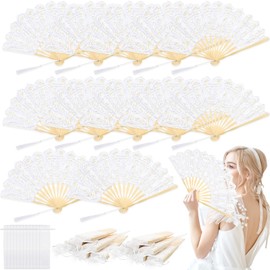 Beeveer 12 Pcs Cotton Lace Folding Handheld Fan Embroidered Bridal Hand Fan with Bamboo Staves and Silk Tassels Vintage Retro for Women Wedding Party Favor Costume Dancing Party (White)
