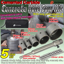Life Palette Hole Saw Kit Drill Hole Cutter Set with Hole Drill Bits for SDS Plus Hammer Drills Circle Drill Bits Hole Saw Set for Concrete Brick Cement Stone Wall (5, 30mm,35mm,50mm,75mm,100mm)
