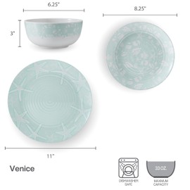 Pfaltzgraff Venice 12 Piece Outdoor Melamine Dinnerware Set, Service for 4,Teal