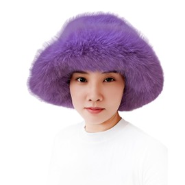 Lina & Lily Oversized Winter Faux Fur Bucket Hat for Women - Long Pile Fur Wide Moldable Brim (Purple)