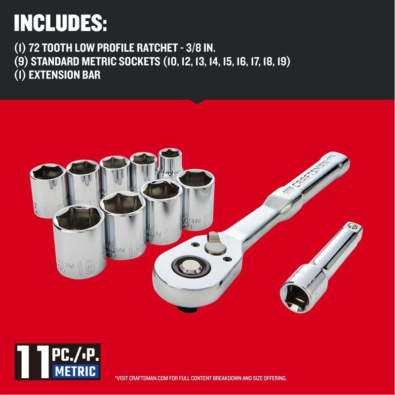CRAFTSMAN 11-Piece Socket Set, Metric, 3/8 Inch Drive, Low Profile
