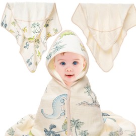 Hushlibaby Muslin Hooded Baby Towels for Newborn 2 Pack 31.5 x 31.5 Inch Ultra-Soft Absorbent 100% Cotton Baby Bath Towel with Hood, for Infant Toddler and Kids, Baby Stuff Bath Shower Gifts