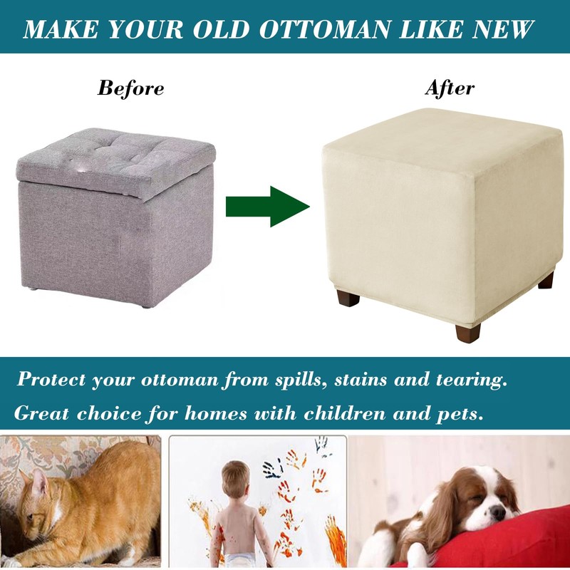 HFCNMY Ottoman Cover Square,Stretch Velvet Square Thick Slipcover Washable Storage