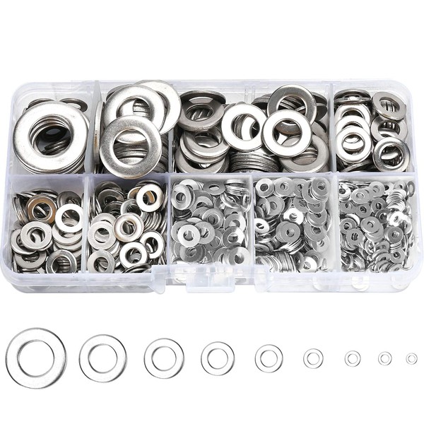 800 Pcs 304 Stainless Steel Flat Washers for Screws Bolts, Fender Washers Assortment Set, Assorted Hardware Lock Metal Washers Kit (9 Sizes-M2 M2.5 M3 M4 M5 M6 M8 M10 M12) for Home, Factories etc YLYL