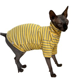 Vintage Stripes Sphynx Hairless Cats Shirt Cotton Cat Turtleneck Pet Clothes Kitten T-Shirts with Sleeves for Sphynx Cornish Rex, Devon Rex, Peterbald (Yellow Stripe, X-Large (Pack of 1))