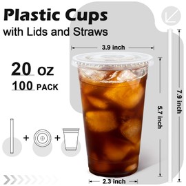 Huifany 100 Pack 20 oz Plastic Clear Cups with Lids and Straws, Disposable Coffee Cups with Lids for Iced Coffee, Cold Drinks, Smoothie and Milkshake