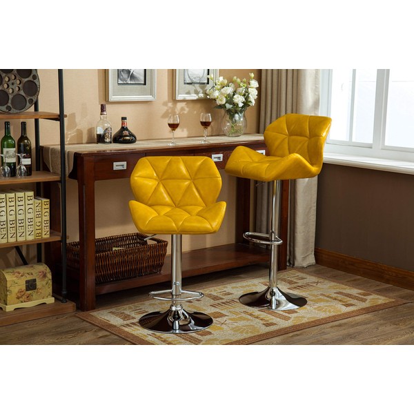 Roundhill Furniture Glasgow Contemporary Tufted Adjustable Height Hydraulic Yellow Bar Stools, Set of 2,