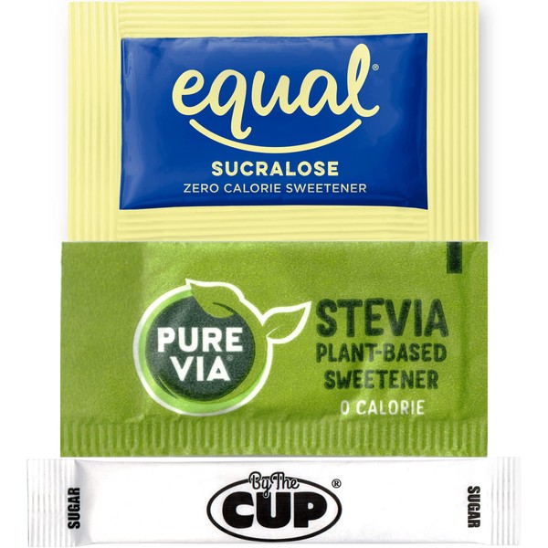 By The Cup Azúcar, Pure Via Stevia y Sucralosa igual 300 unidades endulzante Paquete Variedad 100 de cada uno
