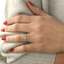 81stgeneration Crescent Moon 925 Sterling Silver Thin Band - Hollow Out Lotus Pattern Ring - Wicca Gothic Rings for Teen Girls - Silver Stacking Rings for Women - Boho Stacker Jewellery