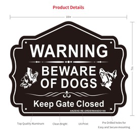 Beware of Dog Sign, 2 Pack 10"x 7" Keep Gate Closed Sign, Rust Free .40 Aluminum, UV Printed- Easy to Mount- Indoor Or Outdoor Use- Beware of Dog Warning Signs for Home and Business