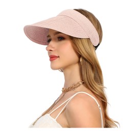 Womens Beach Straw Sun Visor Hat Ponytail Hole UV Protection Wide Brim Summer Cap Packable for Travel UPF 50+(Pink)