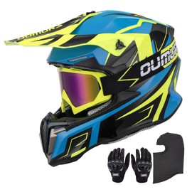 OUMURS Adult ATV Dirt Bike Helmet with Gloves & Mask Adjustable Sun Visor Motorcycle Adult Helmet Off-Road Motocross Downhill Moped MX for Unisex-Adult-Yellow Blue, M